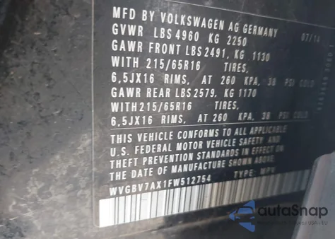 2015 Volkswagen Tiguan S z USA, uszkodzony, nr VIN WVGBV7AX1FW512754